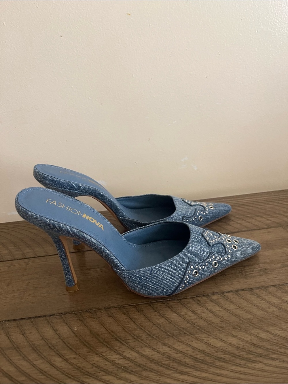 Fashion Nova Denim Pointed Mule Heels with Stud & Eyelet Accents - Picture 2 of 2
